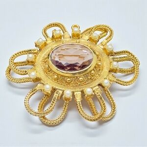 Vintage Unmarked Designer Capri Lavender Glass & Faux Pearl Brooch